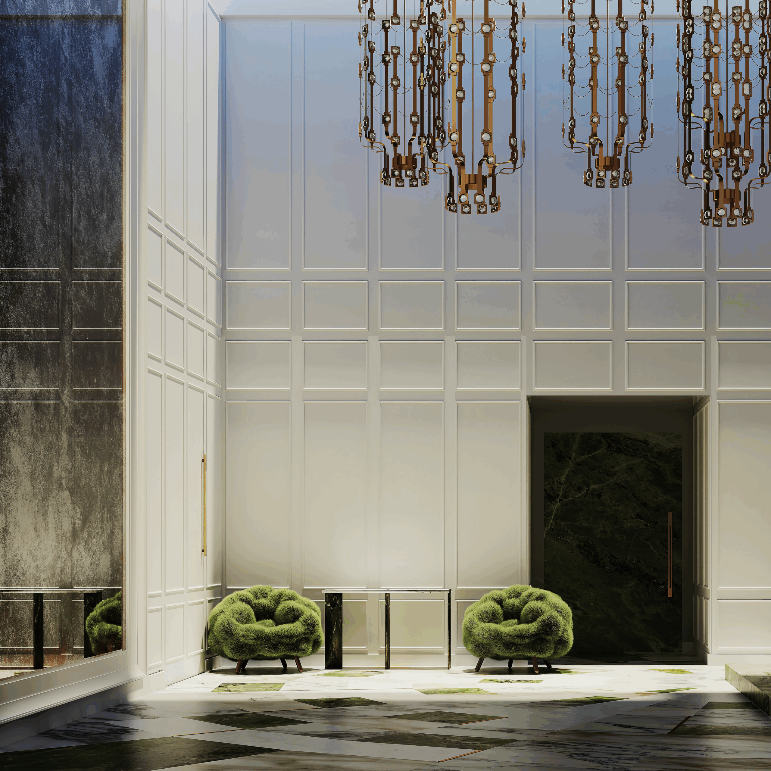 Luxurious Abu Dhabi home entryway by Nina Magon with soaring white paneling, modern bronze chandeliers, and green textured lounge chairs.