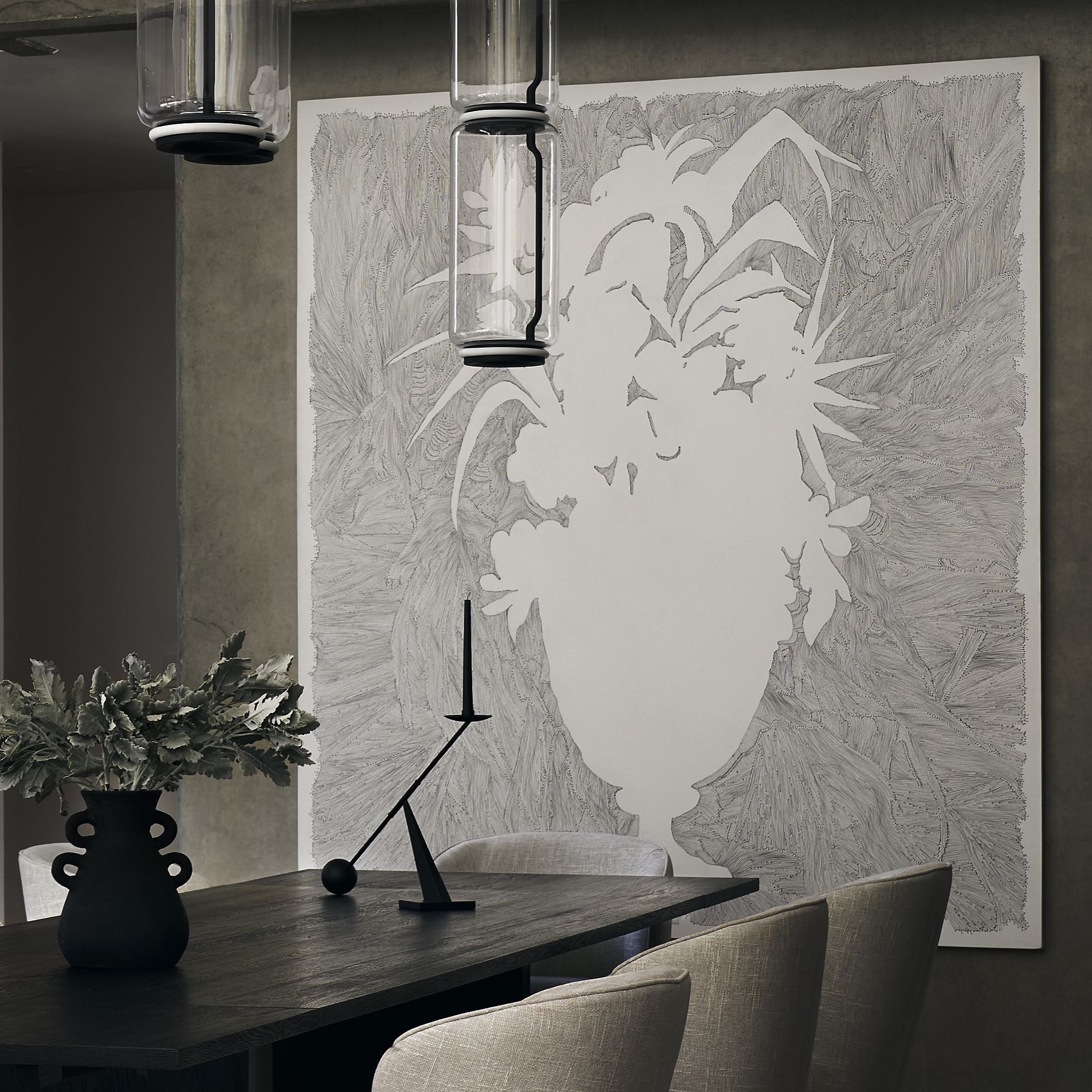 Pine Wood Estates by Nina Magon | A refined modern residence in Houston’s Memorial neighborhood blending architectural stone, bespoke furnishings, and curated contemporary art.