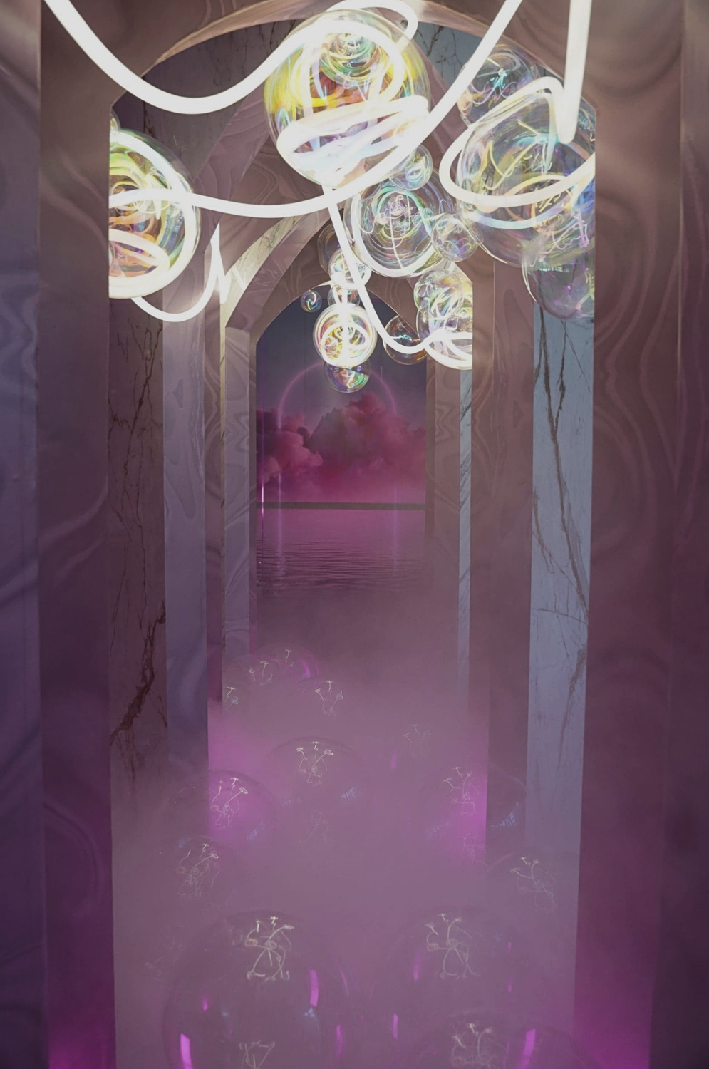 DreamCloud at Design Miami designed by Nina Magon Studio, an immersive light installation with iridescent forms and mist.