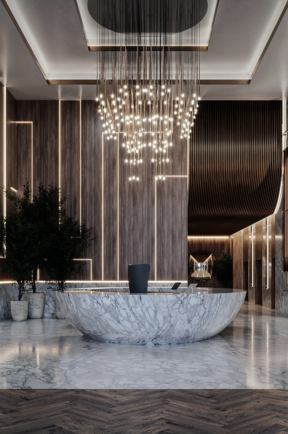 Fraydun Place luxury lobby designed by Nina Magon Studio with marble reception, glass chandelier, and herringbone floors.