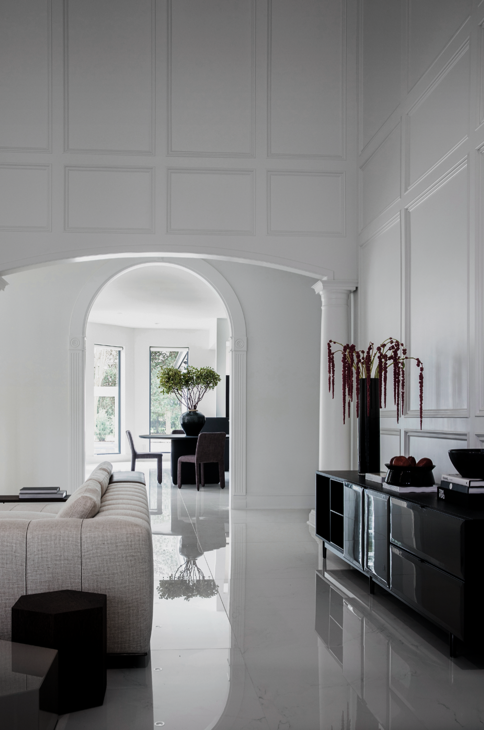 Piney Point Village luxury residence by Nina Magon Studio featuring luminous white interiors and sculptural modern detailing.